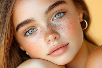 A close-up of a girl with freckles, her face glowing in the soft afternoon light, capturing a natural and fresh beauty