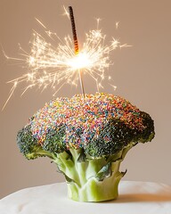 Quirky Broccoli Topped with Colorful Sprinkles and Sparkler