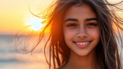 A young woman stands at the beach, her flowing hair illuminated by the warm sunset, radiating joy and tranquility in the moment