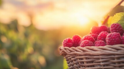 Canvas Print - A woven basket brimming with ripe raspberries is beautifully illuminated by golden hour light in a tranquil garden