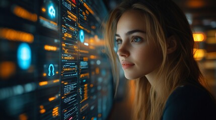 young woman looking intently at a digital screen filled with data and information.