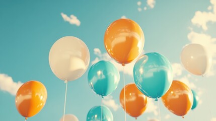 Delightful orange and blue balloons float gently against a bright blue sky, bringing joy to a cheerful outdoor gathering on a sunny day