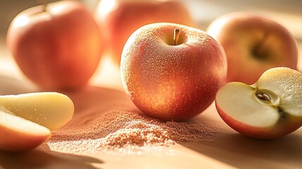 Fresh Apples and Slices on Table in Warm Sunlight