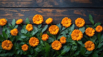 Canvas Print - Orange Flowers on Wooden Background