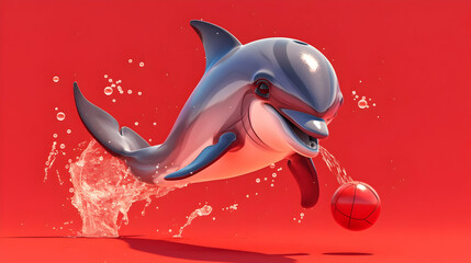 Playful Dolphin Dribbling a Basketball with Splashing Water on a Red Background