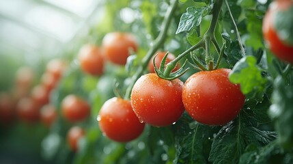 A close-up of ripe red tomatoes hanging on a vine, with a blurry background of other tomatoes and green foliage The tomatoes are glistening with dew drops, indicating freshness and a recent rain