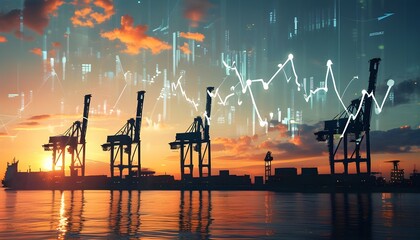 Wall Mural - Silhouette of a crane at sunset with abstract arrows and data overlays symbolizing global trade and economic dynamics