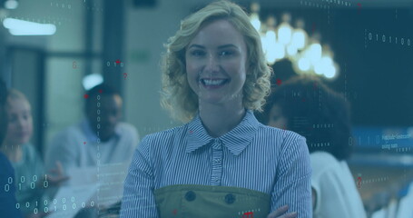 Poster - Confident businesswoman standing with arms crossed, data processing image over office