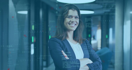 Smiling woman with crossed arms over programming code image in office environment