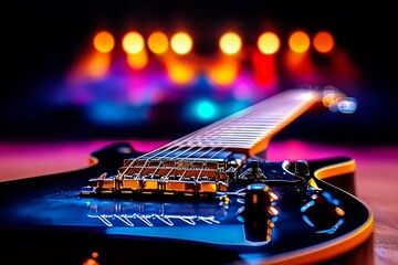 Wall Mural - a close-up of an electric guitarâ€™s strings and frets, with a soft focus on the background of a col