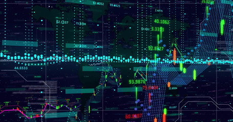 Image of financial data processing over grid on dark background