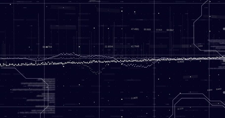 Sticker - Image of financial data processing over grid on dark background