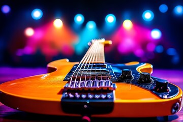 Wall Mural - a close-up of an electric guitarâ€™s strings and frets, with a soft focus on the background of a col