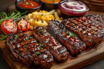 Delicious Grilled Steak with Sauce and Fries