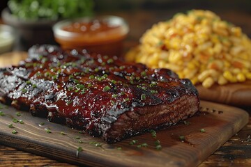 Close up of  BBQ Ribs with a Side of Corn on a Wooden Cutting Board