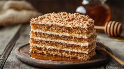 Delicious Honey Cake Slice on Wooden Plate