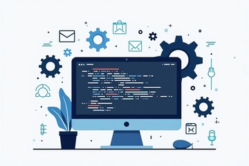 web development: computer screen with code and programming elements illustration