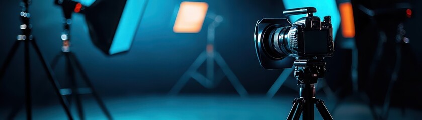 A professional camera stands ready in a photography studio, illuminated by colorful lights, capturing creative moments.