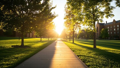 Canvas Print - A serene pathway lined with trees, illuminated by the golden glow of sunset, perfect for tranquil outdoor scenes.