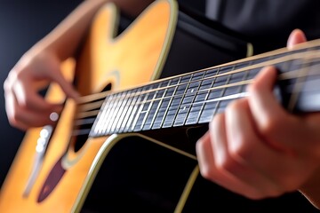 A close-up of guitar strings, with fingers gently plucking and strumming as music fills the air