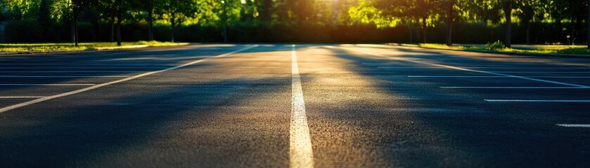 Canvas Print - A serene view of a deserted road bathed in sunlight, surrounded by lush greenery, perfect for invoking calm and tranquility.