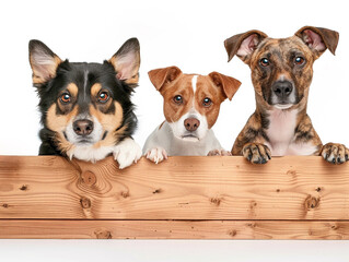 pets behind wooden board on white background