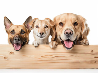 pets behind wooden board on white background