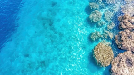 Wall Mural - Crystal Clear Blue Ocean Over Coral Reefs from Above