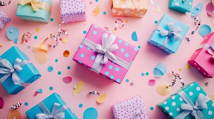 Canvas Print - A playful background with scattered gift boxes of different sizes, wrapped in colorful polka dot paper, on a soft, pastel-colored surface with confetti and streamers.  