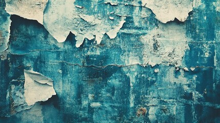 Canvas Print - A gritty, old poster with ripped cyan paper layers visible through the tears. The surface is weathered, with jagged edges, smudged dirt, and faded, peeling corners creating a grunge texture.  