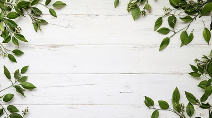 Wall Mural - A clean, rustic white wooden surface complemented by green leaves and branches on the right, creating a natural and serene banner template with a minimalistic aesthetic from a top 