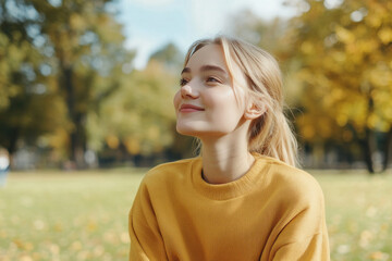 Wall Mural - Caucasian woman wearing yellow knitted sweatshirt in autumn park at sunny day