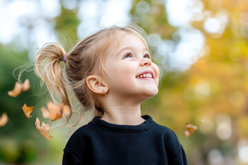 Caucasian little girl smile wearing sweatshirt playing at sunny autumn park