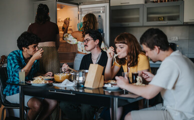 Poster - Friends gathered in a kitchen, sharing a meal and engaging in lively conversation. A warm atmosphere with food, drinks, and companionship.