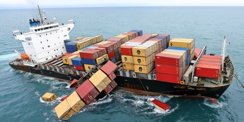 cargo ship with containers split half storm unfolding ocean tragic disaster scene. ai generated.