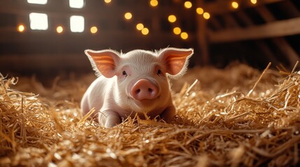 Wall Mural - Cute Piglet in Hay