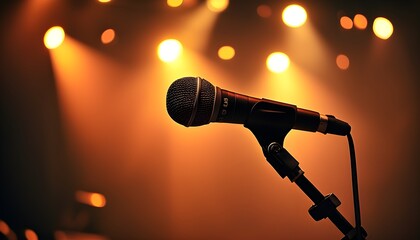 Anticipation of a Performance: Microphone on Stand with Warm Blurred Stage Lights