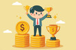 © Alya Hasna Fatimah - businessman money and trophy illustration of smart businessman standing on a pile of dollar coins holding a trophy because of his many business achievements