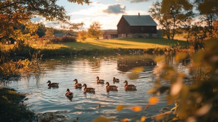 Canvas Print - Ducks Swimming in a Pond near a Farmhouse