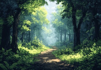 Wall Mural - A sun-dappled path winds through a lush, pixelated forest. .