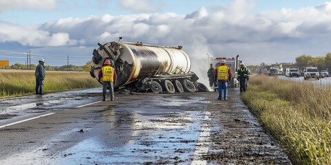 Chemical tanker highway spilling hazardous liquids evacuating residents danger environmental impact. AI generated.