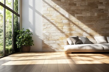 Wall Mural - Modern Minimalist Living Room with Stone Wall and Sunlight