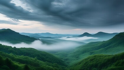 Misty mountain valley landscape featuring lush green forests, rolling hills, and a dramatic sky showcasing the beauty of natures majesty and tranquility.