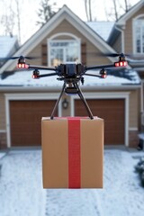 Wall Mural - A drone delivering a package over a snowy driveway in front of a house.