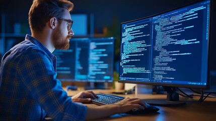Coder software Engineer typing computer writing code screen displaying digital programming data. AI generated