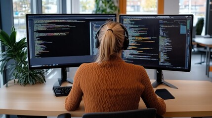 Coder software Engineer typing computer writing code screen displaying digital programming data. AI generated