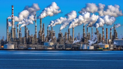 Wall Mural - Industrial complex with smokestacks emitting steam and smoke against a blue sky.