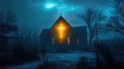 Wall Mural - A church at night with a cross illuminated by a divine light from behind, creating a scene of miraculous wonder.