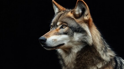 Wall Mural - Wolf Portrait Against Black Background