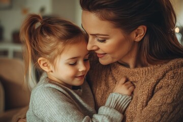 High-resolution brightly lit photorealistic candid photograph of a mother and daughter bonding together in a warm, inviting living room. The photograph has a light and bright feel, styled like a